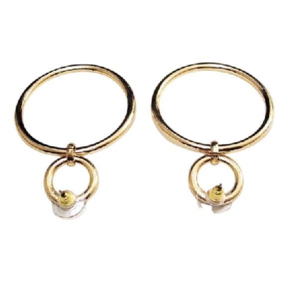 2 1/2" Long Double Thick Ring Hoop Pierced Post Stud Gold Tone Earrings Polished - Picture 4 of 5